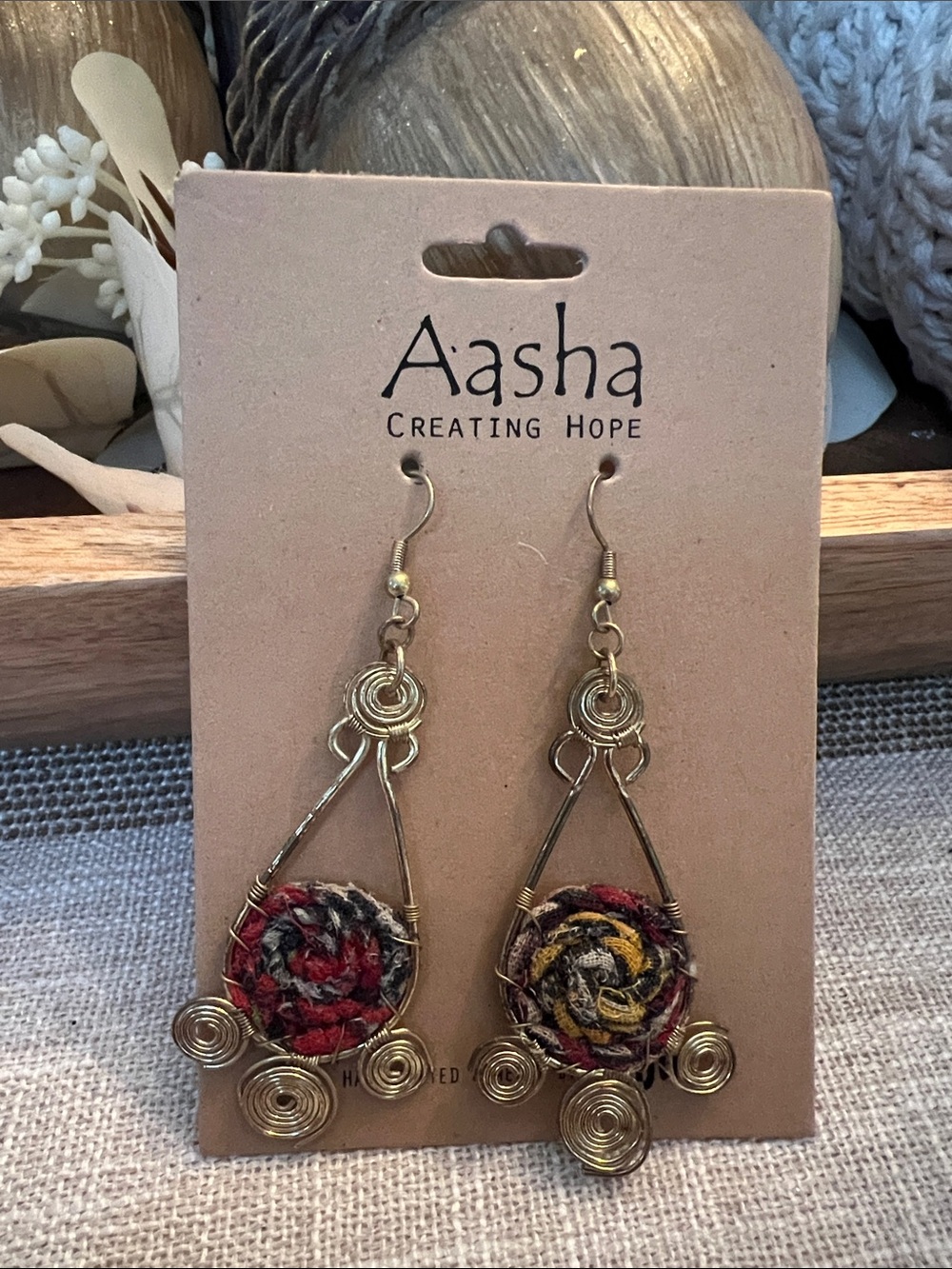 Aasha Gold-Tone Wire Drop Earrings with Red & Multicolor Textile Centers NEW